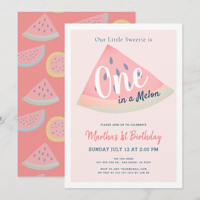 Invitation One in the Melon Watermelon Rose 1er anniversaire (Devant / Derrière)