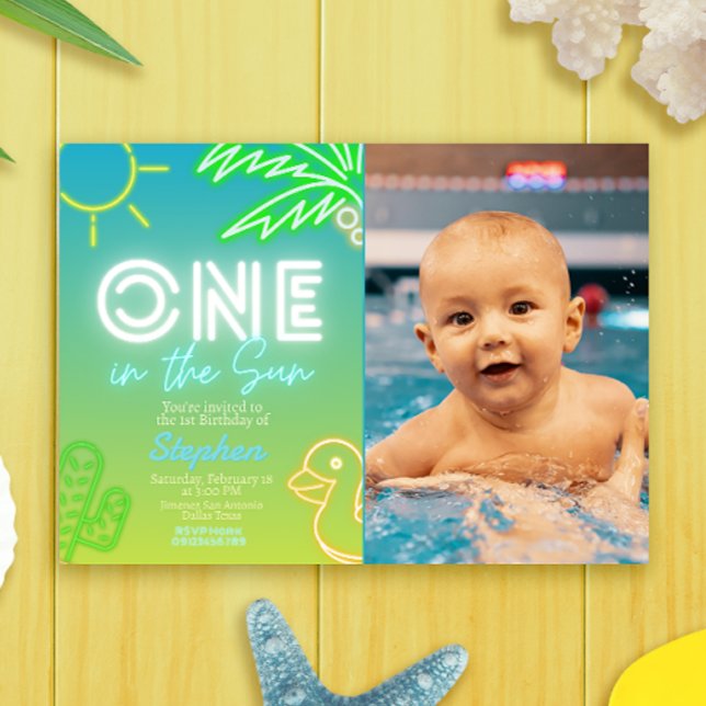 Invitation One in the Sun - Fête au Piscine (One in the Sun - Pool Party Landscape Invitation with Photo Picture)