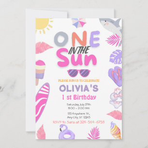 Invitation One In The Sun Pink Girl Beach 1 st Birthday Party