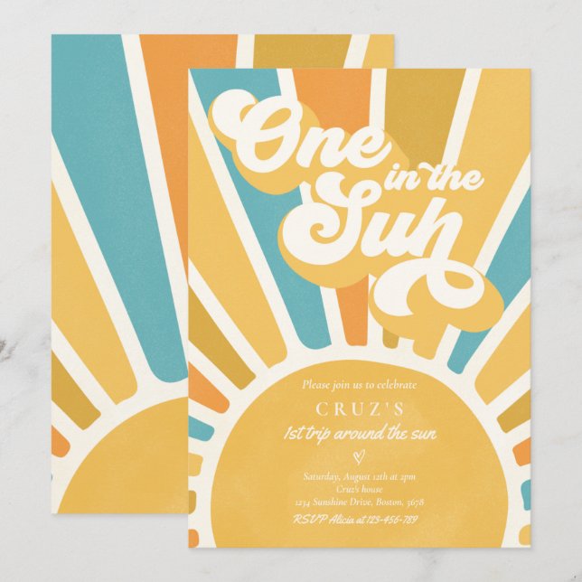 Invitation One In The Sun Sunshine 1er Anniversaire Retro Blu (Devant / Derrière)