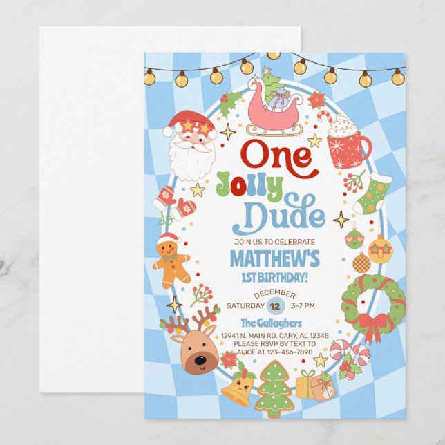Invitation One jolly dude boy 1st Christmas birthday invite. (Devant / Derrière)