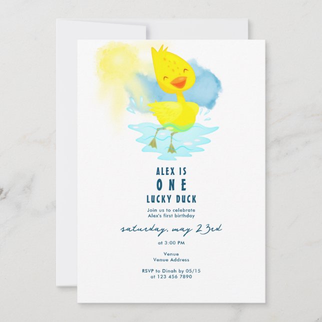 Invitation ONE Lucky Duck 1er Anniversaire Fête Cute Aquarell (Devant)