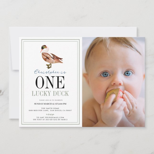 Invitation One Lucky Duck Classic Boy 1er Birthday Photo (Devant)