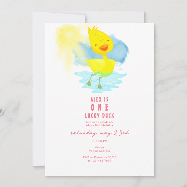 Invitation ONE Lucky Duck Girl 1er anniversaire de fête aquar (Devant)