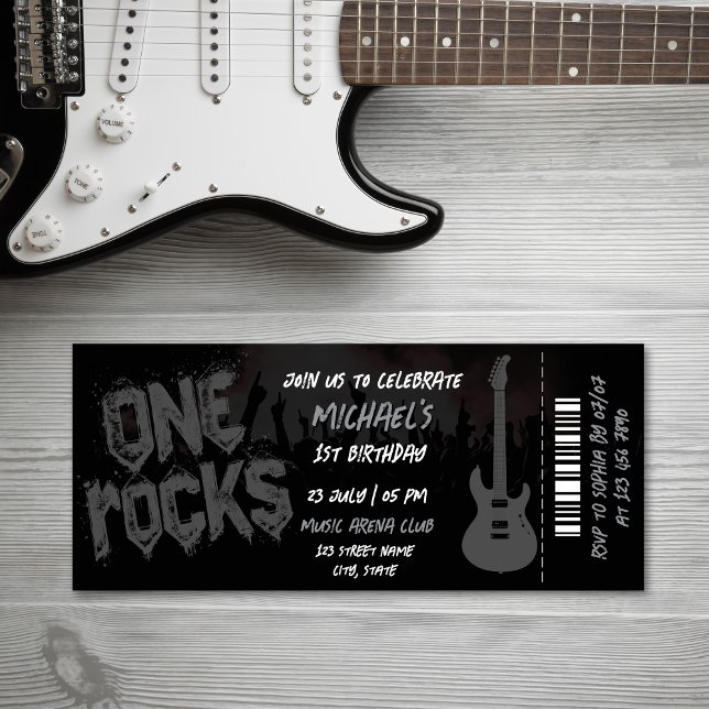 Invitation One Rocks Music Theme Concert Billet Anniversaire (ROCK CONCERT TICKET BIRTHDAY INVITATION, BLACK AND SILVER)
