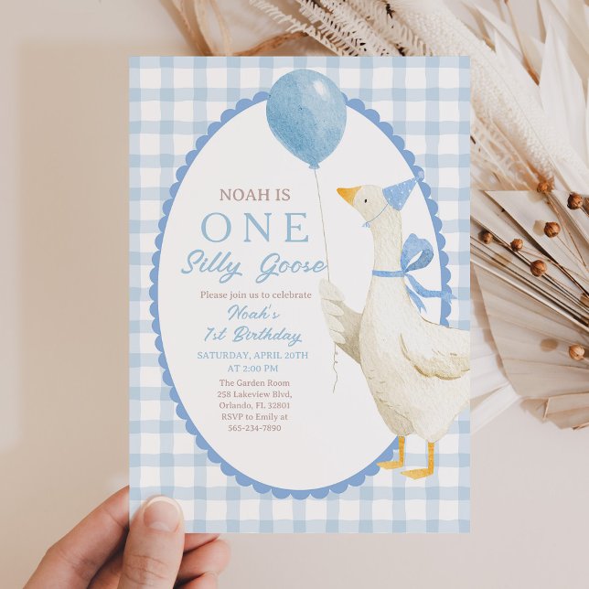 Invitation One Silly Goose 1st Birthday: Blue Gingham  (Créateur téléchargé)