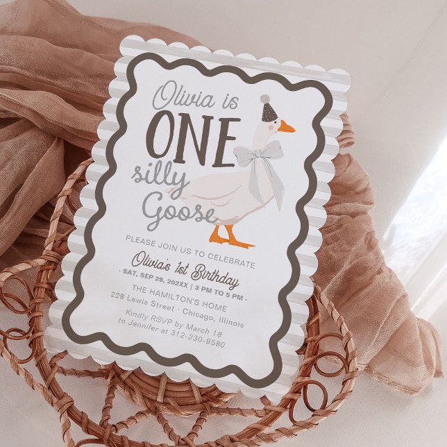 Invitation One Silly Goose Beige Bow 1st Birthday (Créateur téléchargé)
