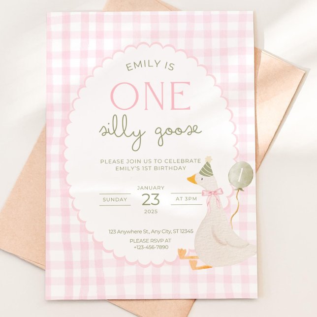 Invitation One Silly Goose Birthday Invite Pink Gingham First (Créateur téléchargé)