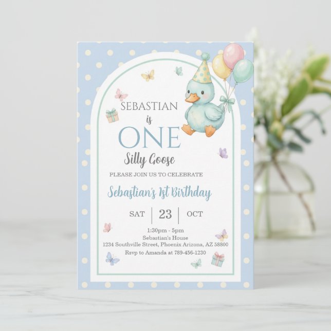 Invitation One Silly Goose Blue Boy 1st Birthday (Debout devant)