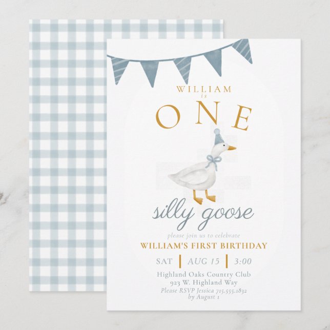 Invitation ONE Silly Goose Blue Gingham Boy First Birthday  (Devant / Derrière)