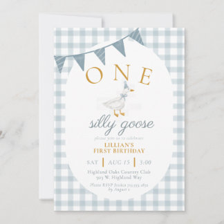 Invitation ONE Silly Goose Blue Gingham Daisy First Birthday