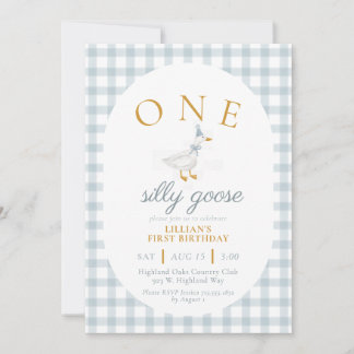 Invitation ONE Silly Goose Blue Gingham Daisy First Birthday