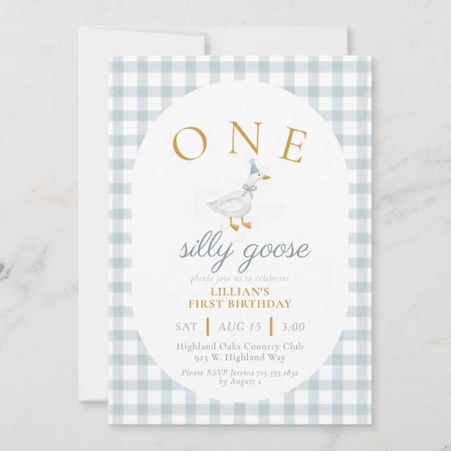 Invitation ONE Silly Goose Blue Gingham Daisy First Birthday (Devant)