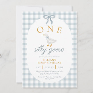 Invitation ONE Silly Goose Blue Gingham Daisy First Birthday