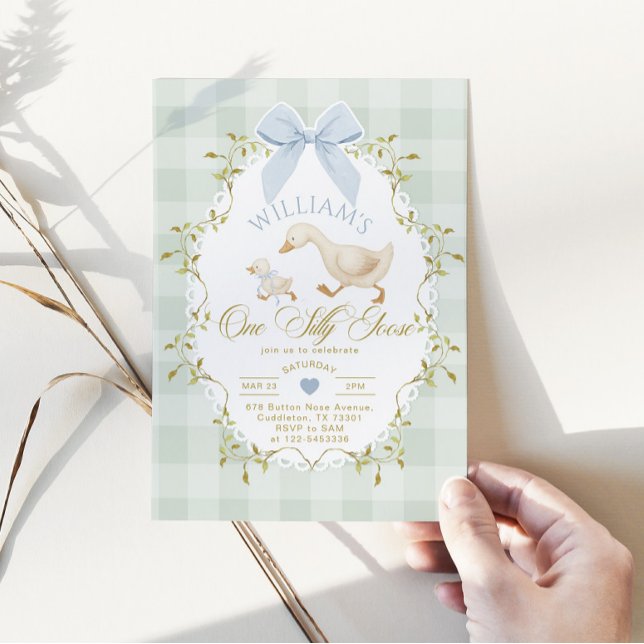 Invitation One Silly Goose Boy Gingham 1st Birthday (Créateur téléchargé)