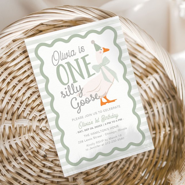 Invitation One Silly Goose Green Bow 1st Birthday (Créateur téléchargé)