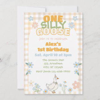 Invitation One Silly Goose Neutral Pastel Plaid 1st Birthday