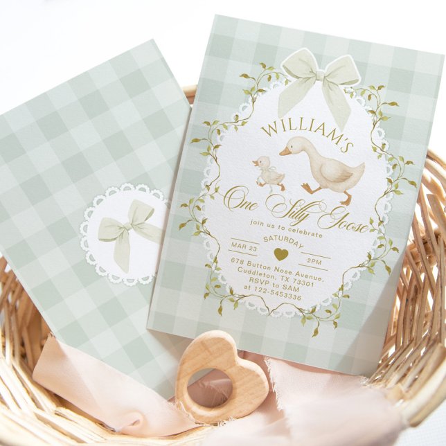 Invitation One Silly Goose Pistachio Gingham 1st Birthday (Créateur téléchargé)