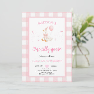 Invitation One Silly Goose Spring Pink Daisy First Birthday 
