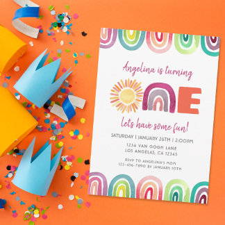 Invitation ONE Sunshine Arc-en-ciel 1er Anniversaire Boho Aqu
