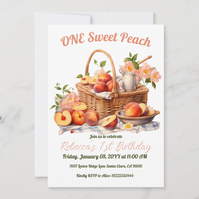 Invitation One Sweet Peach Girl Pique-nique d'été 1er anniver (Devant)