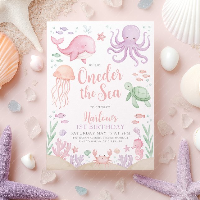 Invitation Oneder The Sea 1st Birthday Girl (Oneder the Sea Girl's 1st birthday invitation | Ocean animal theme in pink purple)