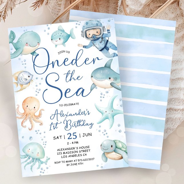 Invitation ONEder The Sea Boy 1st Birthday Cute Blue Ocean  (Créateur téléchargé)