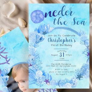 Invitation OneDer the Sea Cute Blue Boy's 1st Birthday Party