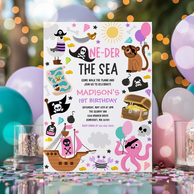 Invitation Oneder The Sea Girl Pirate rose 1er anniversaire (Créateur téléchargé)