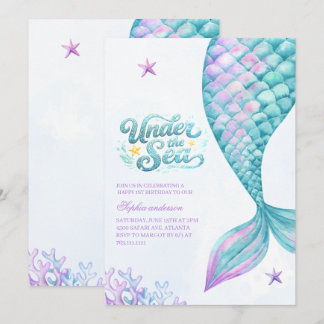 Invitation Oneder the Sea Mermaid Watercolor 1st Birthday