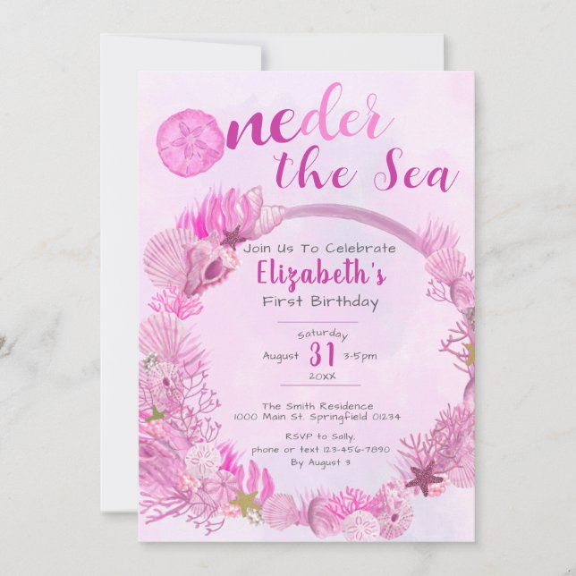 Invitation OneDer the Sea mignon rose fille 1er anniversaire  (Devant)