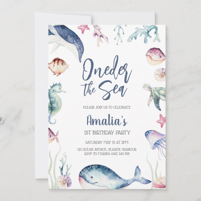 Invitation Oneder the Sea Ocean Animals 1st Birthday  (Devant)