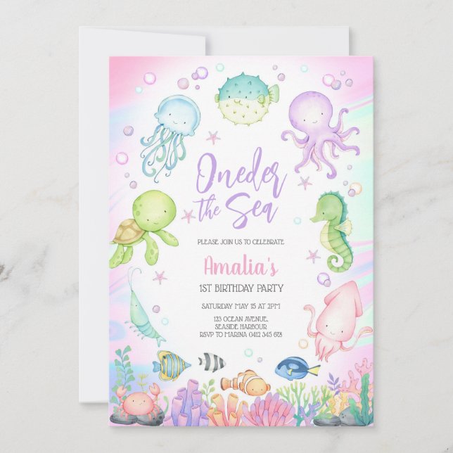 Invitation Oneder the Sea Ocean Animals 1st Birthday  (Devant)