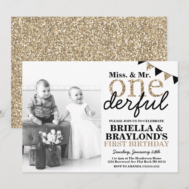 Invitation Onederday de premier anniversaire Twins (Devant / Derrière)