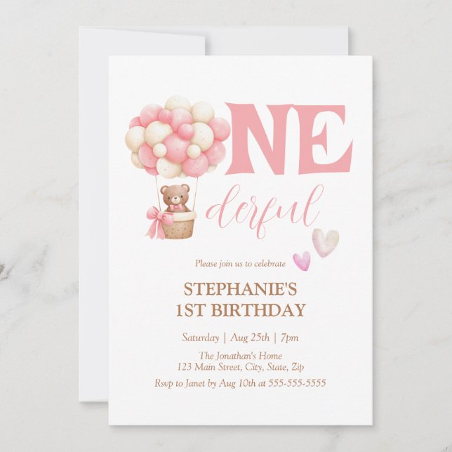 Invitation Onederder Bear Pink Hot Air Balloon 1er anniversai (Devant)