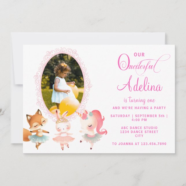 Invitation Onederder Cute Ballerina Animal 1er Anniversaire f (Devant)