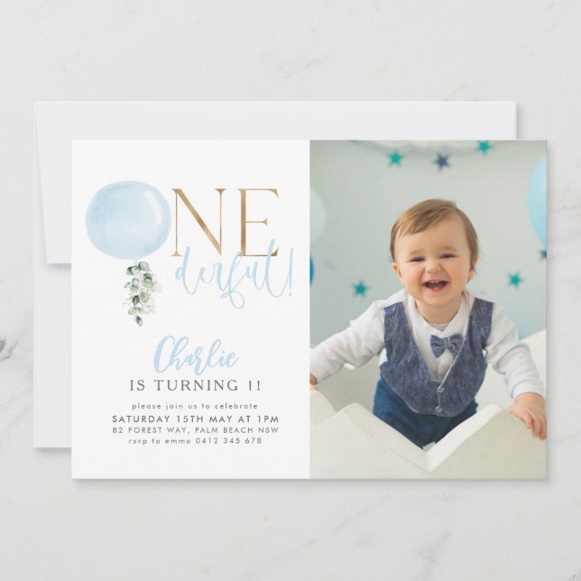 Invitation ONEderful Blue Balloon Boys 1er Birthday Photo (Devant)