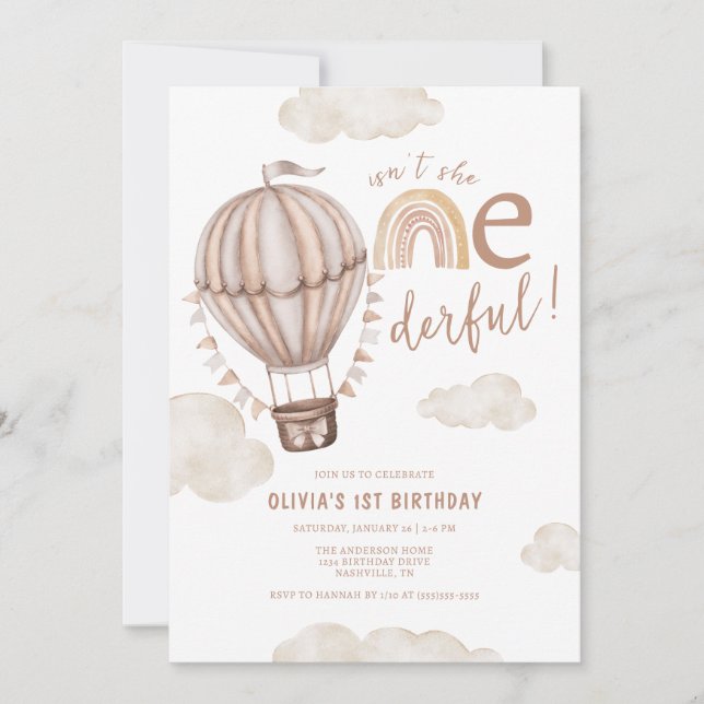 Invitation ONEderful Hot Air Balloon Boho premier anniversair (Devant)