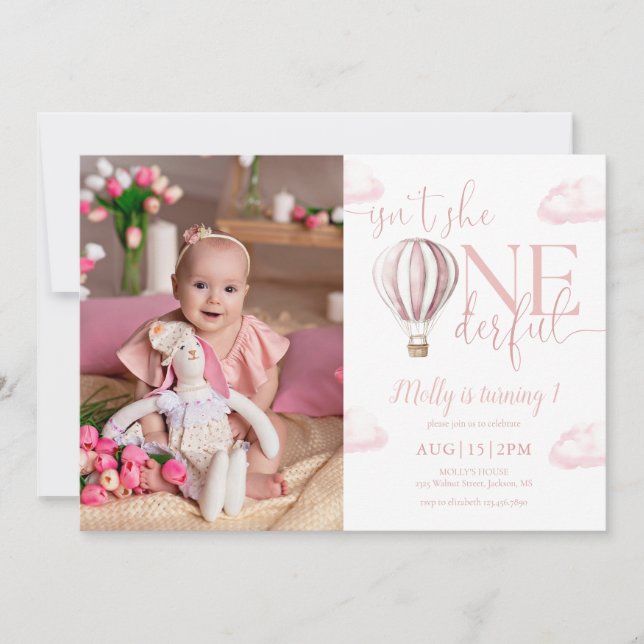 Invitation Onederful Pink Air Balloon Girl Photo 1er Annivers (Devant)