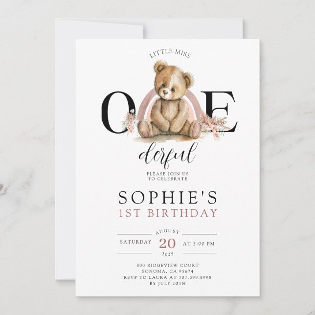 Invitation ONEderful Teddy Rainbow Girl'anniversaire Invitati (Devant)