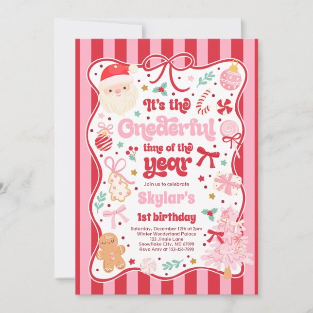 Invitation Onederful Time Of The Year Christmas Bow Birthday (Devant)