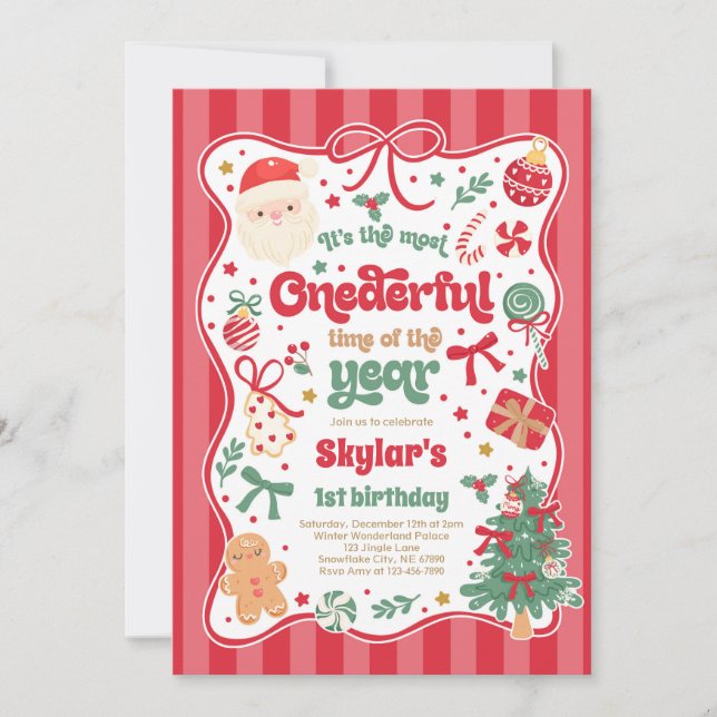 Invitation Onederful Time Of The Year Christmas Bow Birthday (Devant)