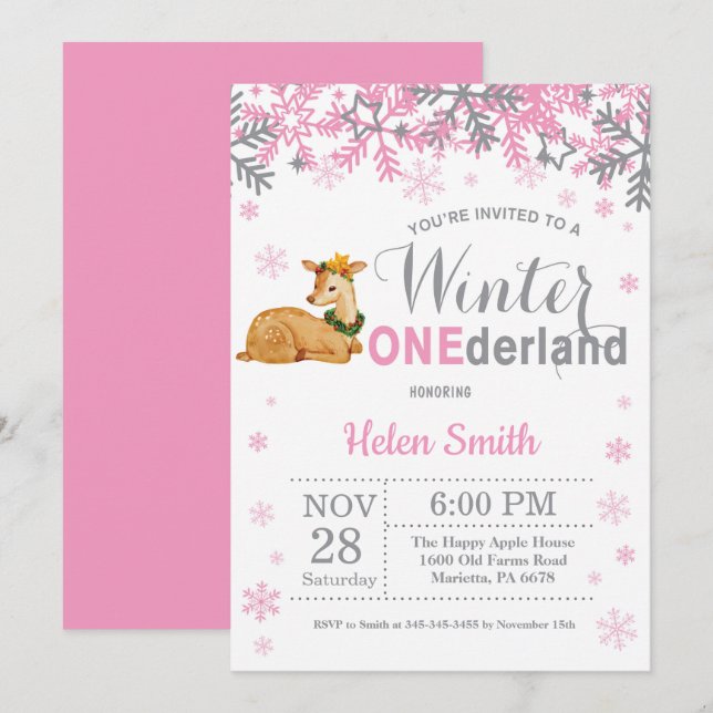 Invitation Onederland Deer Girl 1er anniversaire (Devant / Derrière)