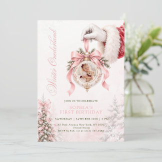 Invitation ONEderland d'hiver Ruban Rose Photo Premier Annive