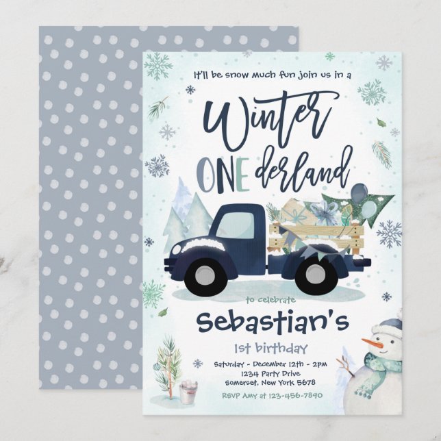 Invitation ONEderland hivernal Fête de camion Navy Bonhomme d (Devant / Derrière)
