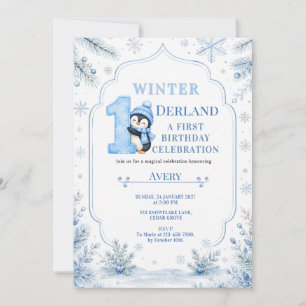 Invitation ONEderland Pingouin Neige Bleu Hiver 1e