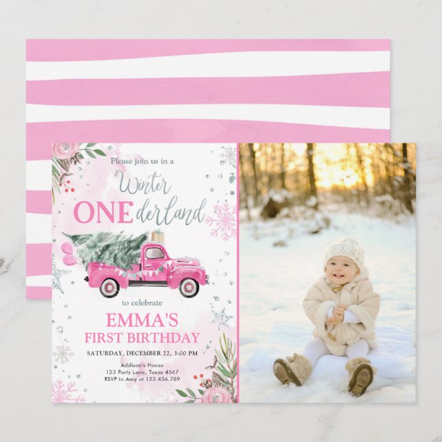 Invitation Onederland Pink Truck Girl Premier anniversaire (Devant / Derrière)