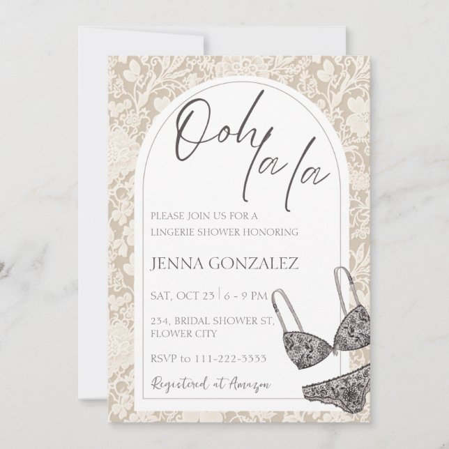Invitation Ooh La la Bra Lingerie Lace Douche Fête des mariée (Devant)