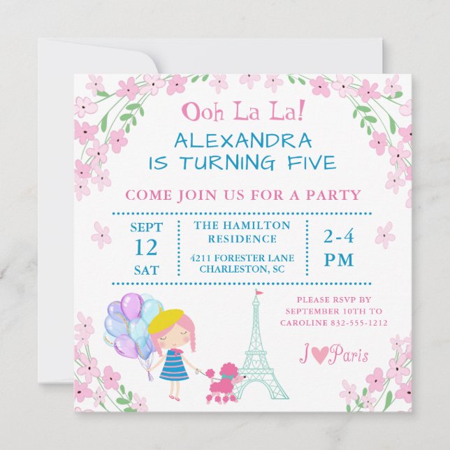 Invitation Ooh La La ! Paris Fille Et Poodle Anniversaire (Devant)