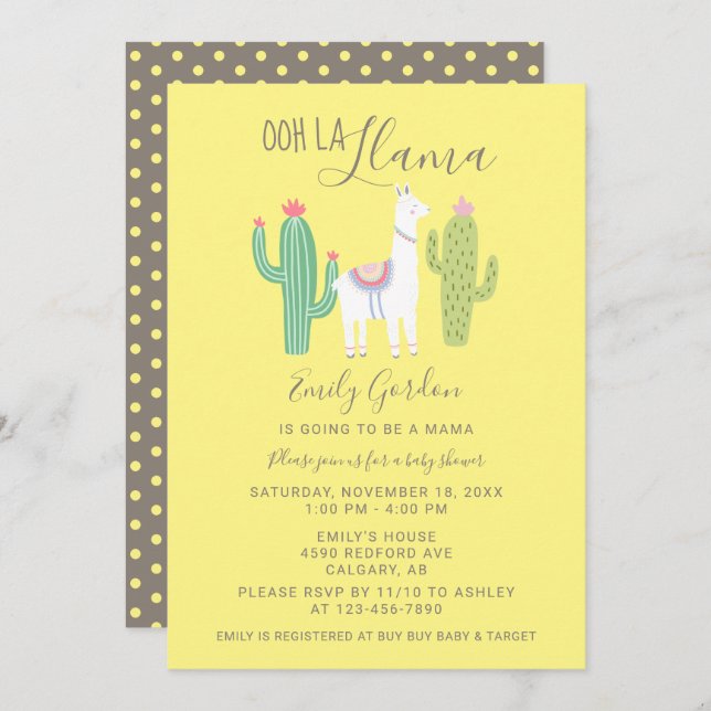 Invitation Ooh La Llama Baby shower mignon jaune brun simple (Devant / Derrière)